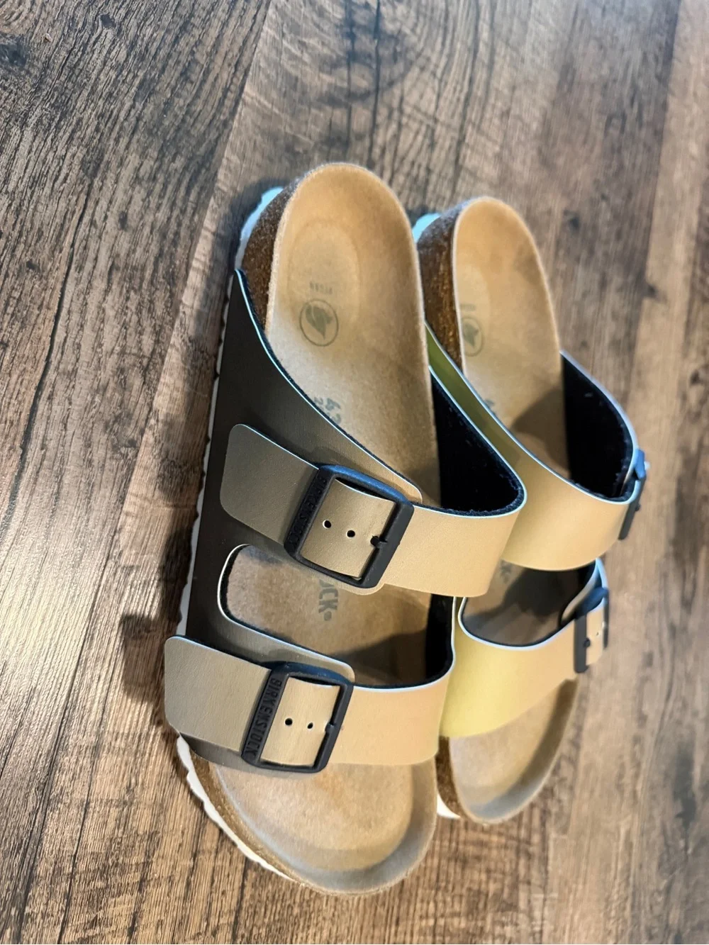 Birkenstock Men’s Two-Strap Sandals in Tan and green